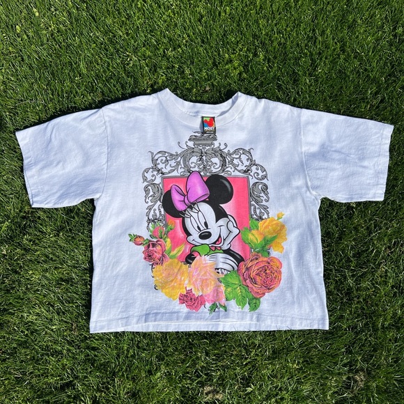 Women’s vintage 90s 80s Disney Minnie mouse rose floral art design crop top tee - Picture 4 of 8